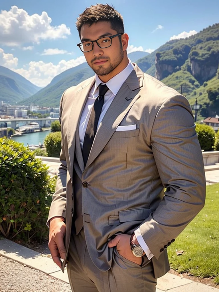 crew cut, (((full body))), (((landscape))), mature man, [slightly fat], asian man, rounded face, brown eyes, ((rounded face)), glasses, balding, 1boy, Solo, (big shoulders), (((stubbles, Short beard))),Cold expression，White suit suit，Hands in pockets，The Age of Steam。