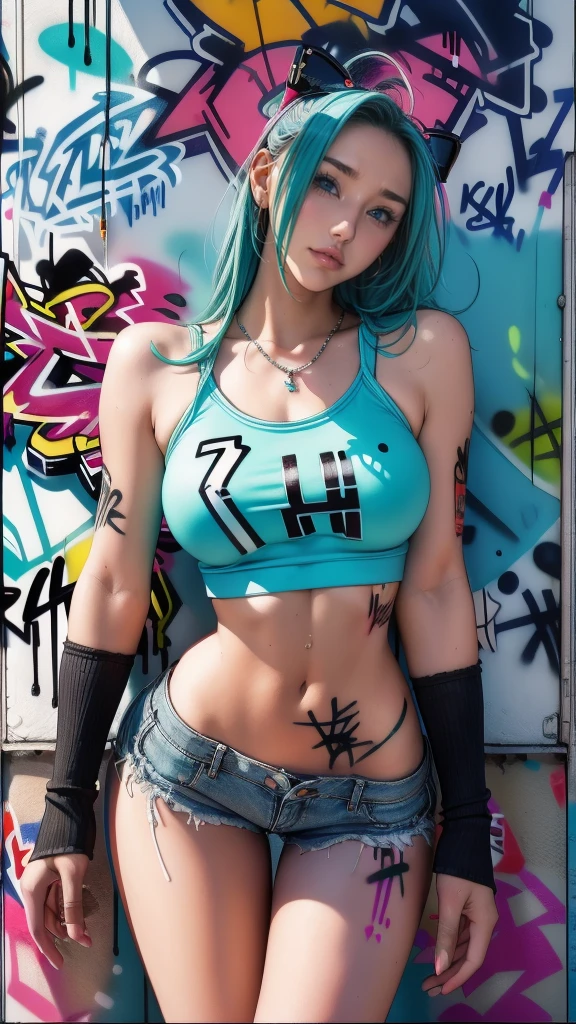 masterpiece, best quality, 1 Girl, Solitary, Top of crop, Denim shorts, Necklace, (Graffiti:1.5), Paint splatter, Put your hands behind your back, Against the wall, Looking at the audience, armband, Thigh straps, Body paint, Head tilt, boring, Colorful hair, Aqua eyes, earphone,