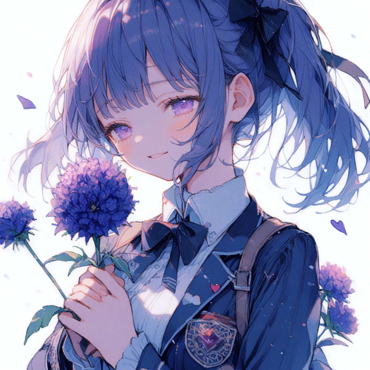 1girl、Blue-purple Echinops ritro、「sharpness」「Broken Hearts」、Holding back tearoist eyes、I squint my eyes as I reach out to touch the flower.、tegaki