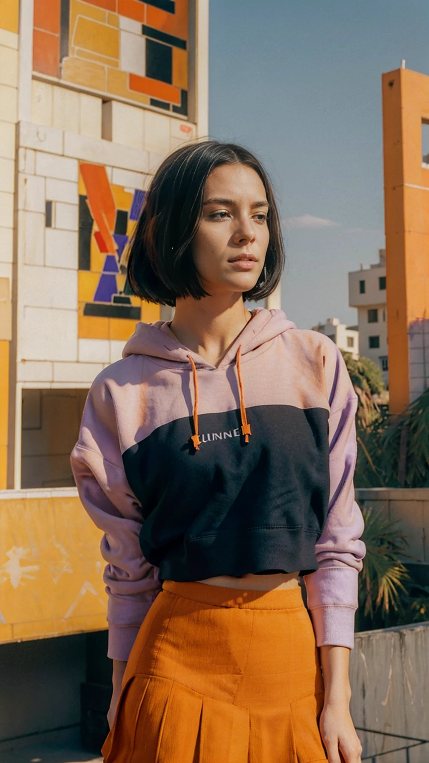 long shot portrait of cute 23 yo girl ,wear ((orange color oversized hoodie)), wear ((purple tennis skirt)),looking viewer,Best Quality,Masterpiece,Ultra High Resolution,(Realisticity:1.4),Original Photo, 1Girl, light leak,ultra high resolution,UHD,beautiful, (black bob hair), almond eye, no makeup, in front of ((80's mondrian architecture motel)), (realistic:1.2), (surreal:1.3), (very detailed:1.1), ((masterpiece)),summer, blue sky, palm trees,sunny, los angles vibes,film camera, 800mm lens,style of Philip Lorca diCorcia
