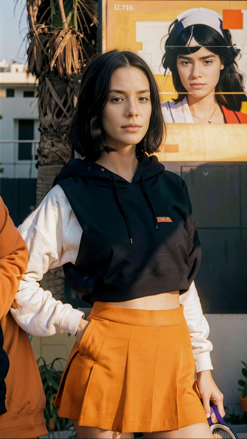 long shot portrait of cute 23 yo girl ,wear ((orange color oversized hoodie)), wear ((purple tennis skirt)),looking viewer,Best Quality,Masterpiece,Ultra High Resolution,(Realisticity:1.4),Original Photo, 1Girl, light leak,ultra high resolution,UHD,beautiful, (black bob hair), almond eye, no makeup, in front of ((80's mondrian architecture motel)), (realistic:1.2), (surreal:1.3), (very detailed:1.1), ((masterpiece)),summer, blue sky, palm trees,sunny, los angles vibes,film camera, 800mm lens,style of Philip Lorca diCorcia