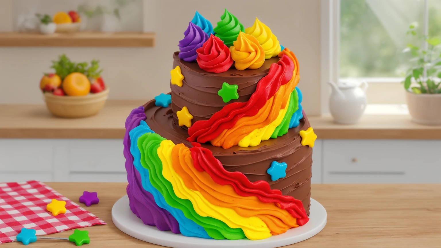 on a wooden table. there is a white plate. double tier chocolate cake ((chocolate cream texture, strokes of a pastry spatula)), rainbow cream in stitches, decorated with rainbow stars made of polymer clay, multi-colored cream on top ((cream highlights)), on the table there is a checkered tablecloth and star cornets made of polymer clay. against the background of the kitchen, vase with plant, Fruit basket, kettle, shelf with kitchen utensils. Beautiful light from the window, contour light, Multiple light sources, beautiful lighting, Bright light source, bright lighting, beautiful light sources, Multiple light sources, Realistic style , realistic texture, detailed texture, A high resolution, high quality, macro photography