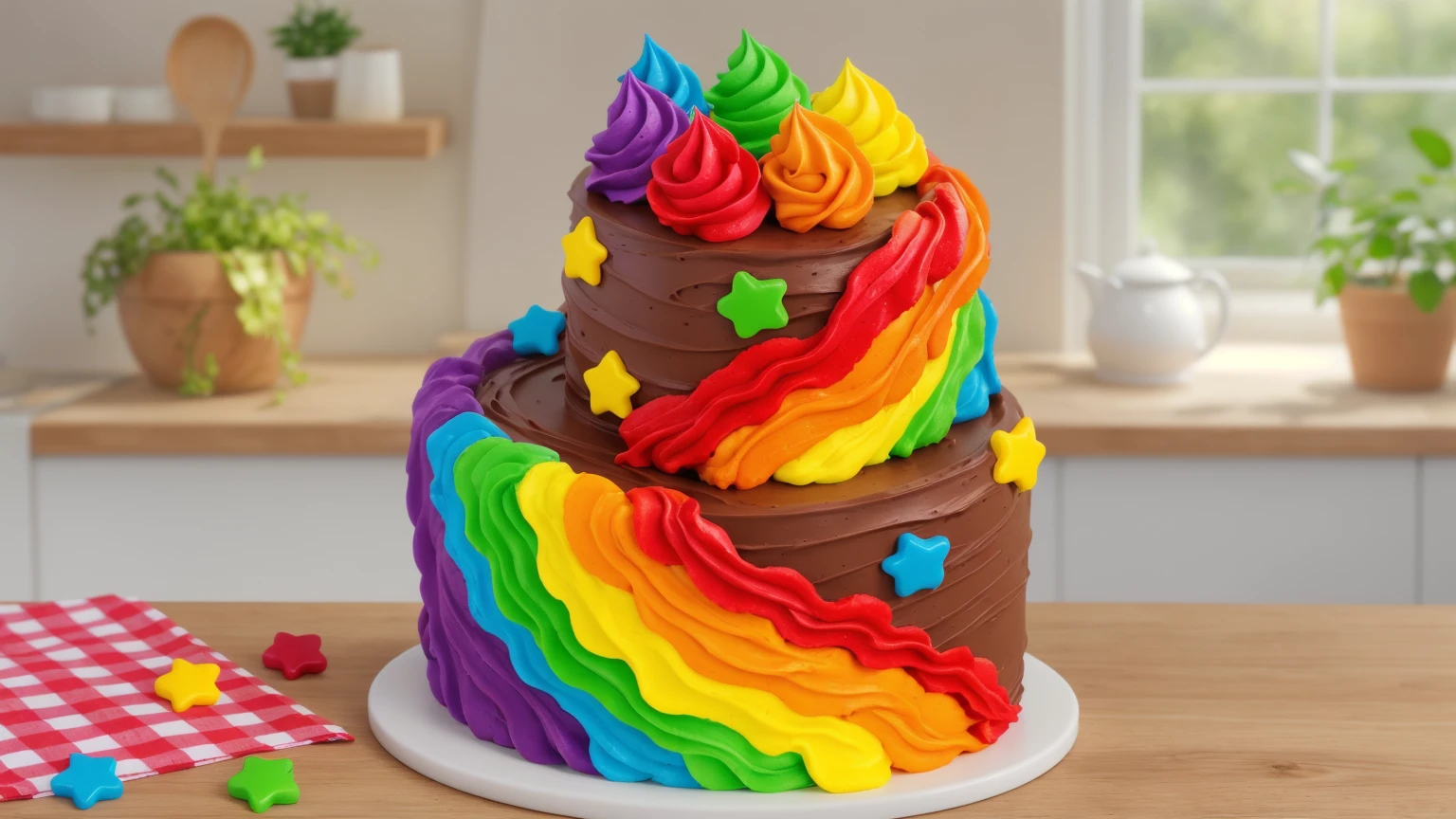on a wooden table. there is a white plate. double tier chocolate cake ((chocolate cream texture, strokes of a pastry spatula)), rainbow cream in stitches, decorated with rainbow stars made of polymer clay, multi-colored cream on top ((cream highlights)), on the table there is a checkered tablecloth and star cornets made of polymer clay. against the background of the kitchen, vase with plant, Fruit basket, kettle, shelf with kitchen utensils. Beautiful light from the window, contour light, Multiple light sources, beautiful lighting, Bright light source, bright lighting, beautiful light sources, Multiple light sources, Realistic style , realistic texture, detailed texture, A high resolution, high quality, macro photography 