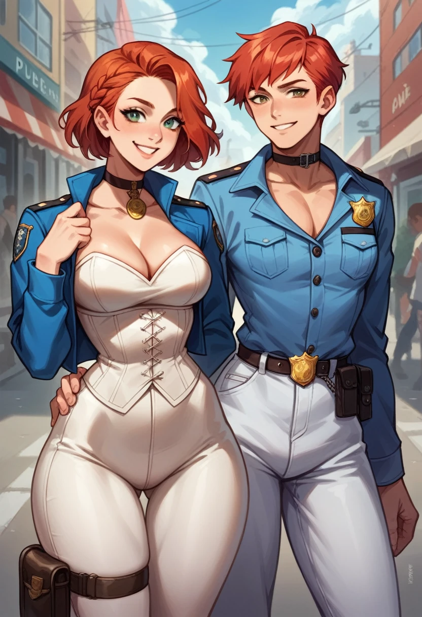 NSFW,One girl, Portrait of a beautiful donkey pex, Athletic ability, Blue jacket, White corset, skirt, White trousers, Police Medal,Holster on waist,Redhead, Braid, compensate, choker, Cleavage, Wide Hips, Volumetric lighting, Highest quality, masterpiece, Intricate details, Tone Mapping, Sharp focus, Super detailed, Trending on Art Station,Urban area, Realistic anime,cartoon,Urban area,Sideways glance,A couple of women and a woman with short hair,Have a conversation,Crotch crack,smile,t