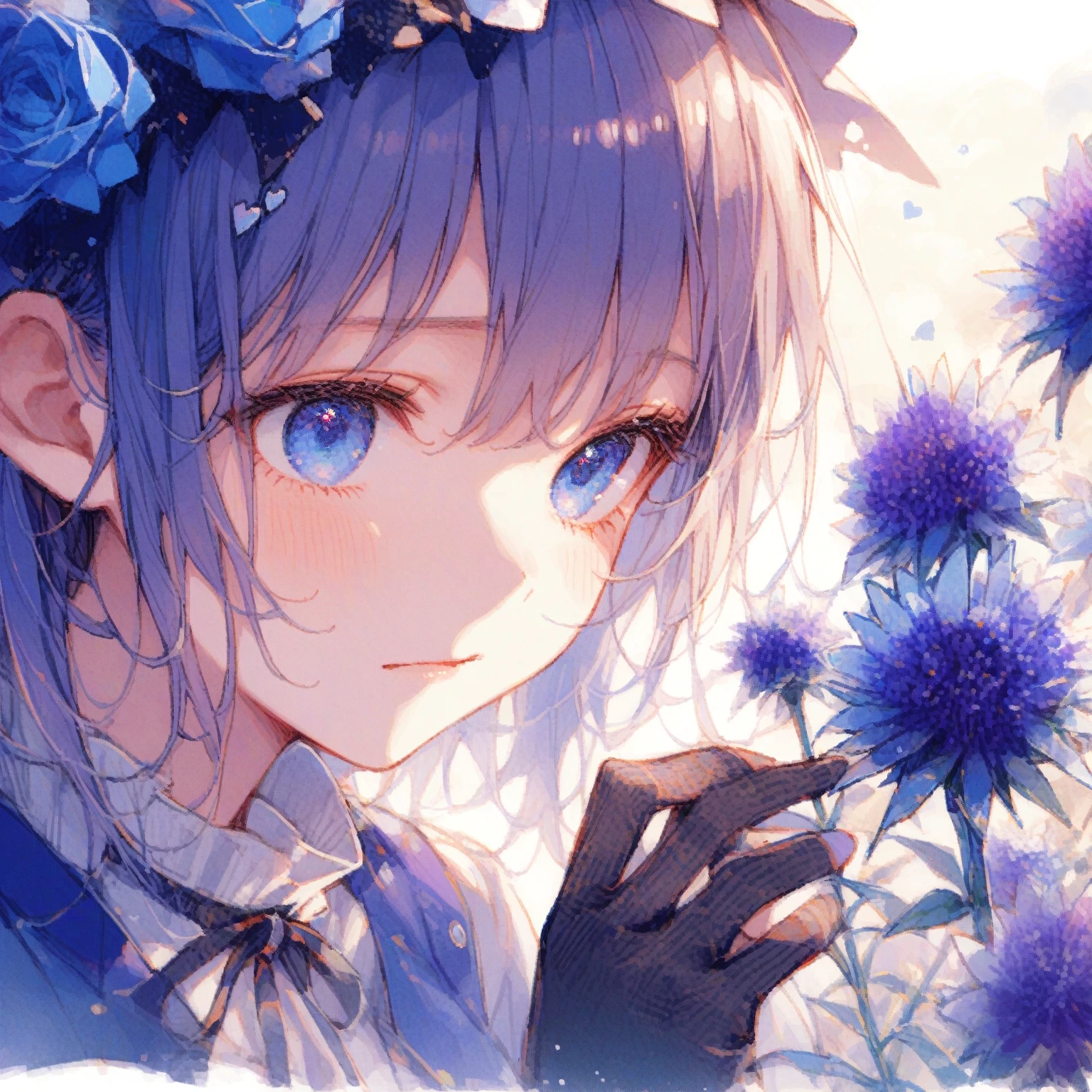 1girl、Blue-purple Echinops ritro、「sharpness」「Broken Hearts」、Holding back tearoist eyes、I squint my eyes as I reach out to touch the flower.、tegaki