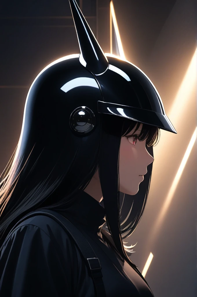 1 girl, no face, mysterious, helmet, unicorn horn, glowing eyes, Extreme detail expression, Glossy metal, dynamic angle, detailed light, dramatic_shadow, ray_tracing, reflection,Raw, cinematic shot, (sharp focus:1.5), (photorealistic:1.2), twilight lighting, volumetric lighting, ultra high res, 16K,dramatic lighting,
