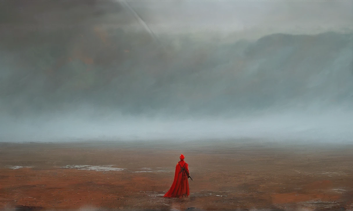 cinematicpainting,sharp mountains with epic clouds ,fog,mist, (masterpiece, best quality),ultra-detailed,add-detail-xl, a young woman with flowing red robes standing on the edge, turn her head over her shoulder to look at the camera