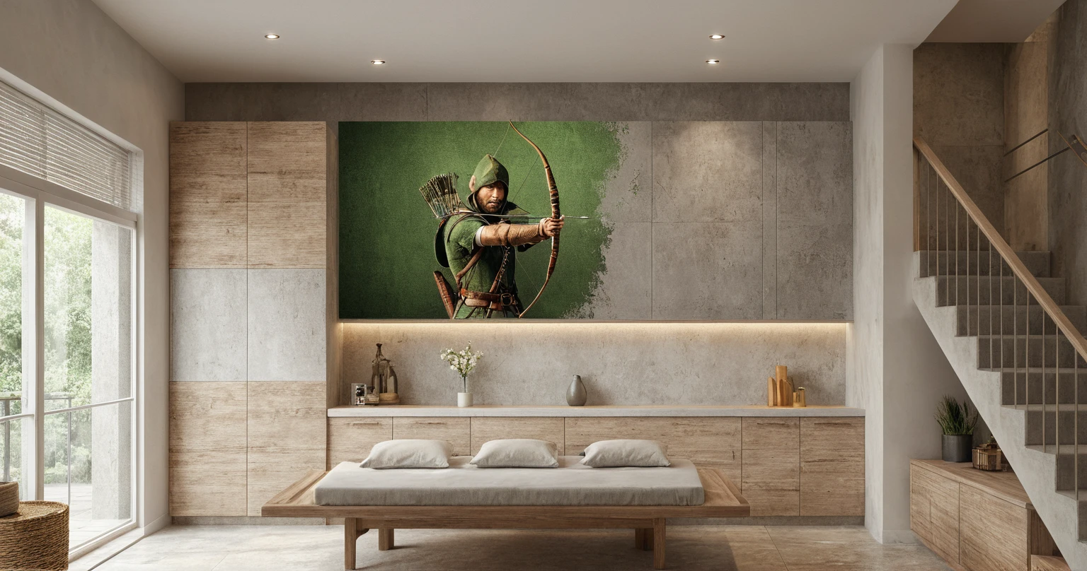 Raw photo,Masterpiece, high quality,Gray and white tones, combined with green, robin hood wall deco, robin hood painting
, wall deco decorations, rattan wall decor, best quality, authentic, super detail, interior, indoors, bedroom style modern , (daylight:1.1), vivid colour, (realistic:1.2),
