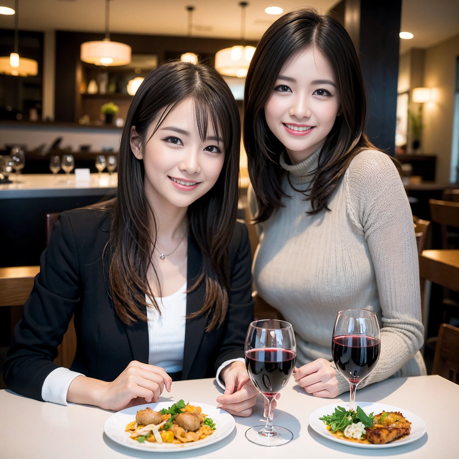 ((Highest quality、8K、masterpiece:1.3))、cute、slimカップル、modelカップル、actress男優、(Realistic, Intricate details:1.2), full-course dinner、Wine Party、Amazing view of the sunset sky and clouds、A bright smile、short hair,Bright Face、 (Age 37), age 34, red wine 、Appetizers、Italian food、Wine bottle、Champagne、sparkling wine、Two beauties、Brown Hair、Shortcuts、Long sleeve shirt、dress、Beautiful woman 1, (slimな顔), (The body is slim), (Brown Hair), (Shortcuts), cheeks turn a little red,Attractive beauty、restaurant, In a prominent place (From the waist up) Nova Frog Style, actress, model, Upper Body, White wine, slim, wine glass, 中央に置かれたwine glass, smile, (smile: 1.15), Beautiful fine grain, Depth f/2,saturation, High Contrast, Strong light and shadow,Moist Body:1.5、3D texture、Delicate eyes、Brown Hair、The hair is very shiny、
