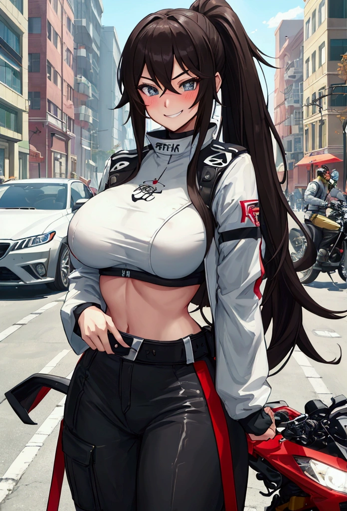1girl, jet black hair, glossy hair, ponytail, tsurime eyes, beautiful woman looking back, oriental dragon tattoo on shoulder, riding on honda nsr250r motorcycle, anatomically correct, realistic skin texture, not glamour, multiple angles, japanese illustration style, (best quality, 4k, 8k, highres, masterpiece:1.2), ultra-detailed, (realistic, photorealistic, photo-realistic:1.37), HDR, UHD, studio lighting, ultra-fine painting, sharp focus, physically-based rendering, extreme detail description, professional, vivid colors, bokeh