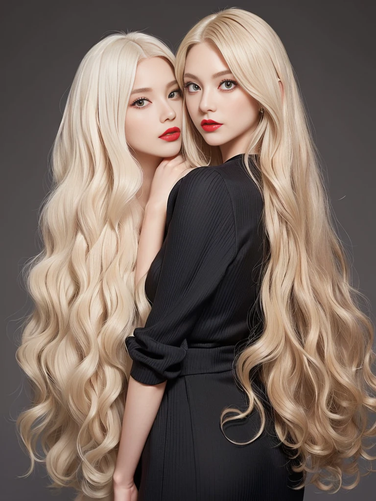 2Women (White wall background:1.4. Upper body photo from the knees up) ((Random hip poses showing as much back and hair as possible)) ((Beautiful model with long platinum blonde hair, girl with super length Hair, extremely length Hair, extra length Hair, very long, Flowing Hair, very length Hair, length Hair girl, very long, Flowing platinum blonde hair, length Hair windy, very longプラチナブロンドヘア, length, Flowing Hair, length and or curly hair, with length Hair, length Hair!!!! Her Highest quality hair is long and 真っ直ぐ or curly hair very long, Highest qualityのプラチナブロンド, length hair in the center, Highest quality long Straight or curly hair, length, Straight or curly hair, beautiful, High quality platinum blonde hair, length and platinum blonde hair highest quality Straight or curly hair, length Hair, length and Straight or curly hair, Highest qualityのプラチナブロンドヘア, Perfect silky Straight or curly hair of the Highest quality, Straight or curly hair, Highest qualityのプラチナブロンドヘア, length platinum blonde hair Straight or curly hair, length, Bright platinum blonde hair Her hair is long and Straight or curly hair, very longプラチナブロンドヘア, length hair in the center, length Straight or curly hair, length, Straight or curly hair, beautiful hair of the Highest quality, length Hair, length, Straight or curly hairプラチナブロンドヘア)) (Her bangs are perfect.:1.3) ((Highest quality)) ((masterpiece)) (family friendly) (Get used to it) (Received a sensual make-up treatment by a professional make-up artist.... Exquisite texture:1.4 Bright red lipstick!!! Beautiful black eyeliner) Perfect Woman'face (Her face is dignified そして sexy) ((Her eyebrows are very thin:1.8)) Perfect Woman'face (Her face shape is thinner than average:1.8) (Her eyes are larger than average:1.8 Her nose is higher than average:1.8) (She is more glamorous than the average French woman.:1.5 Her skin is the typical complexion of t
