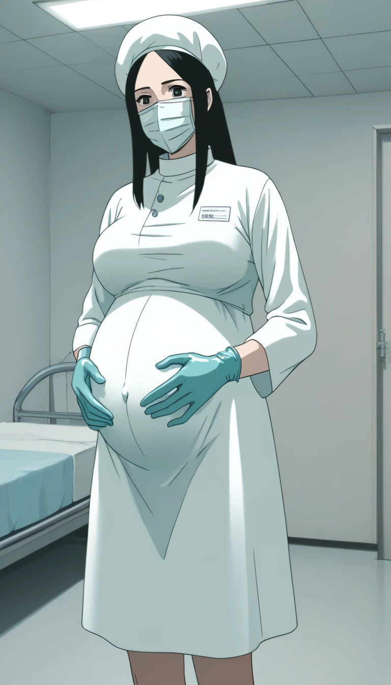score_9, score_8_up, score_7_up, source_anime, raw image, masterpiece, highest quality, kasuganoray, pale skin, shy eyes, long black hair, big breasts, scrubs, surgical mask, bouffant cap, long sleeve maternity dress, seamless, navel head, long white stockings,
1girl, pregnant, solo, long rubber gloves, looking down, furrowed brow, hospital bed, light shines from the ceiling, standing, patient room background,