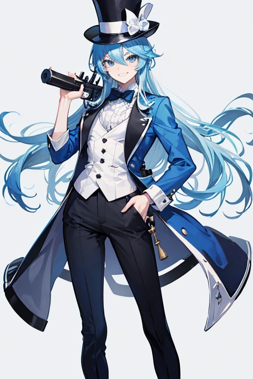 Crossdresser Light blue hair Holding a gun in each hand Grin White Top Hat Black suit short