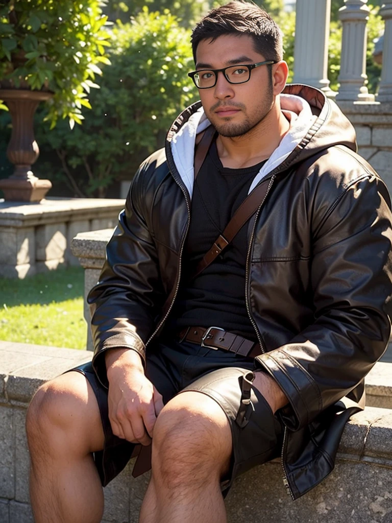 crew cut, (((full body))), (((landscape))), mature man, [slightly fat], asian man, rounded face, brown eyes, ((rounded face)), glasses, balding, 1boy, Solo, (big shoulders), (((stubbles, Short beard))),(ridiculous, high resolution, Super detailed), 1 male, aldult, Handsome, High muscle face, broad shoulders, delicate eyes, short black hair, brown eyes, black cloak, wearing hood, leather vest, Leather bag on waist, There are 2 daggers on the belt, castle, Medieval atmosphere, natural light and shadow, Bright particles are flying around the man, excellent, mystery, Bright glow,  sitting position, Serious expression, cold, thoughtful, Shut up