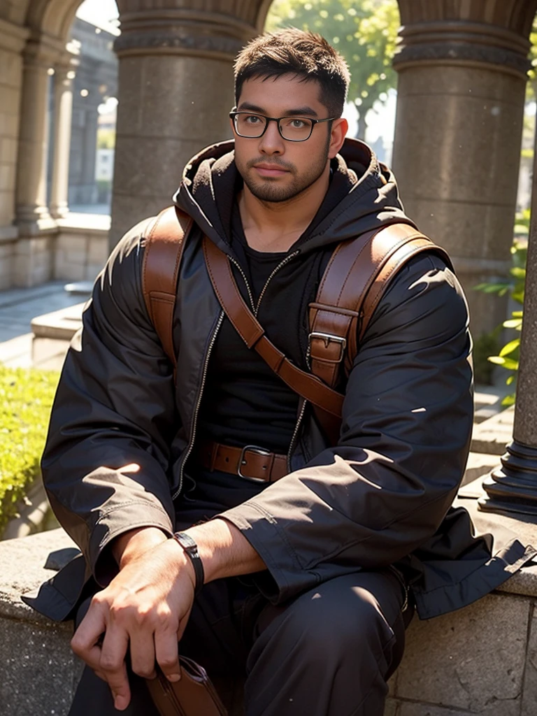 crew cut, (((full body))), (((landscape))), mature man, [slightly fat], asian man, rounded face, brown eyes, ((rounded face)), glasses, balding, 1boy, Solo, (big shoulders), (((stubbles, Short beard))),(ridiculous, high resolution, Super detailed), 1 male, aldult, Handsome, High muscle face, broad shoulders, delicate eyes, short black hair, brown eyes, black cloak, wearing hood, leather vest, Leather bag on waist, There are 2 daggers on the belt, castle, Medieval atmosphere, natural light and shadow, Bright particles are flying around the man, excellent, mystery, Bright glow,  sitting position, Serious expression, cold, thoughtful, Shut up