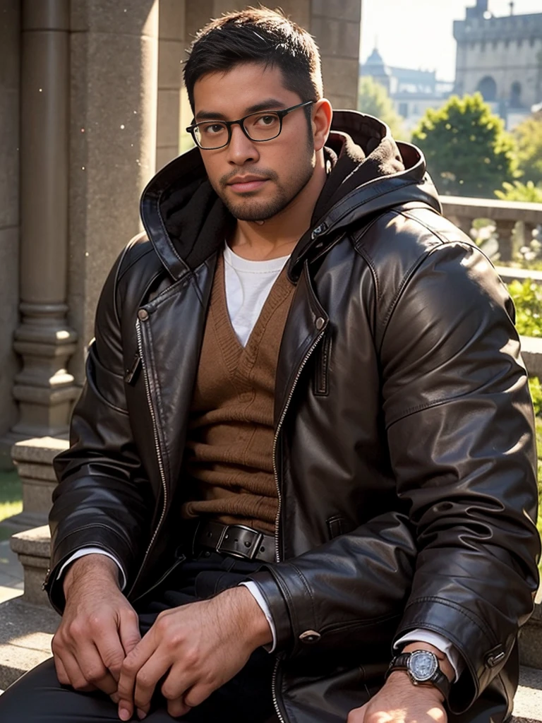 crew cut, (((full body))), (((landscape))), mature man, [slightly fat], asian man, rounded face, brown eyes, ((rounded face)), glasses, balding, 1boy, Solo, (big shoulders), (((stubbles, Short beard))), Cartoon character of a man with black glasses and a white lab coat, 