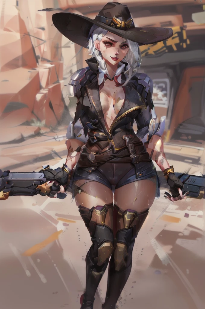 (Obra maestra, mejor calidad),
Ashe from Overwatch, white hair, red eyes, smirk, smug, black cowboy hat, red lipstick, ash perspiration, open legs, nude, completely naked, nipples, bare chest, no clothes, NSFW sex