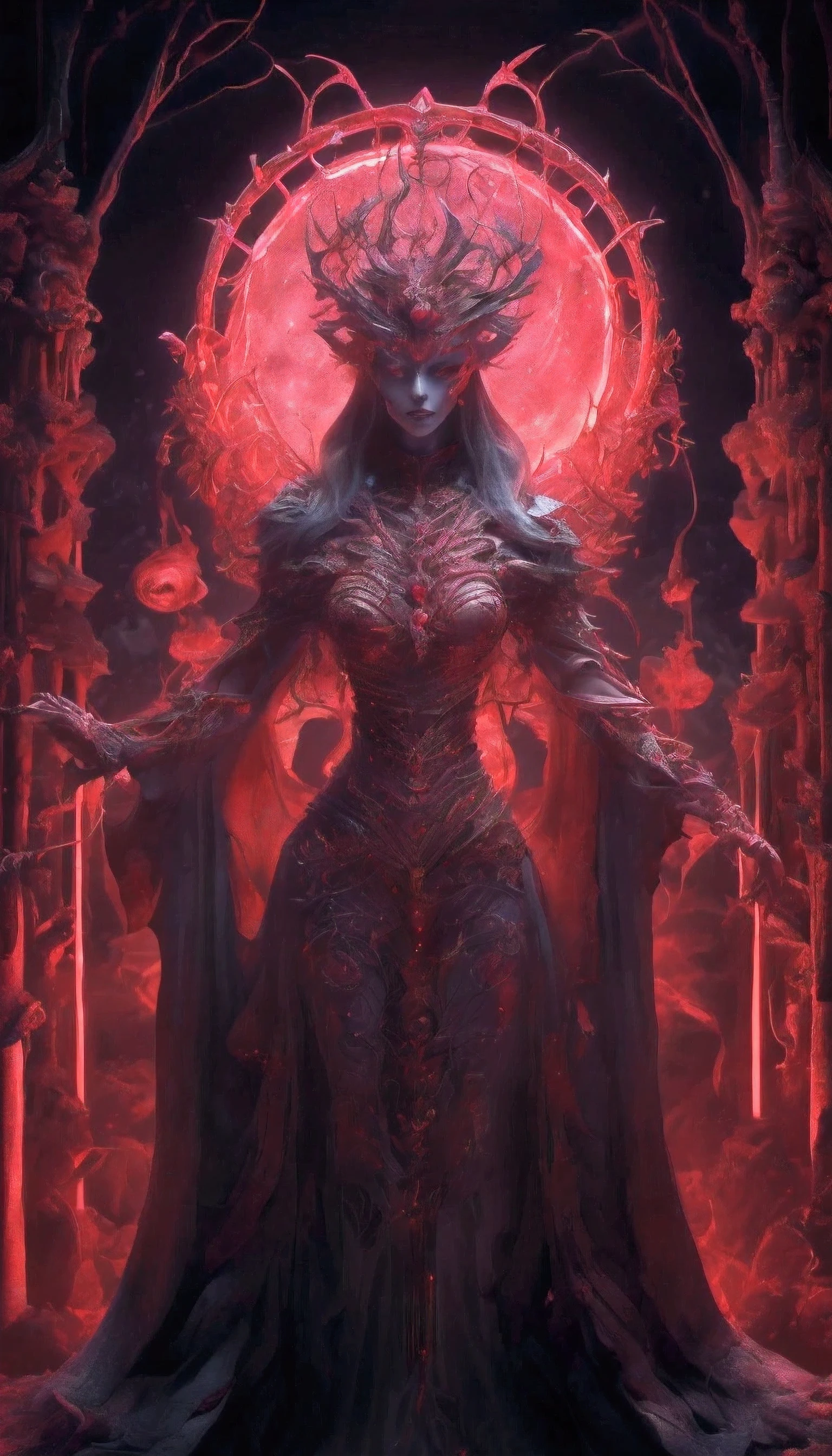 A mesmerizing masterpiece illuminated by the eerie neon glow of the Blood Moon.、Introducing the Red Necromancer, meticulously rendered in 8K Ultra HD。Ray tracing is、It highlights the intricate details of the robe, adorned with subtle particle effects that shimmer under soft atmospheric lighting.。The necromancer himself、Very detailed、With an almost surreal anatomical structure、It exudes a sinister charm、Its eyes glow like embers in the pale light of the blood moon.。Best quality and sharpest images、The sharp, shadowy edges of his crimson robes、This is evident in the sharp edges of the skeletal staff,  translucent clothing, nude, nsfw, nude, underboob 