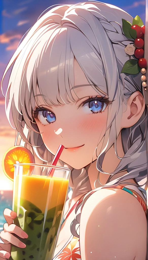 (masterpiece, highest_quality), very be familiar with cg unity 8k wallpaper, 1 girl, long white hair, big breasts, (shy smile), blue eyes, anime style 4k, beautiful anime portrait, anime moe art style, anime art wallpaper 4k, High quality anime art style, anime style portrait, be familiar with digital anime art, anime art wallpaper 8k, cute anime girl portrait,beautiful swimsuit,Summer,Smoothies and Juices,sunset,Ambiguous atmosphere