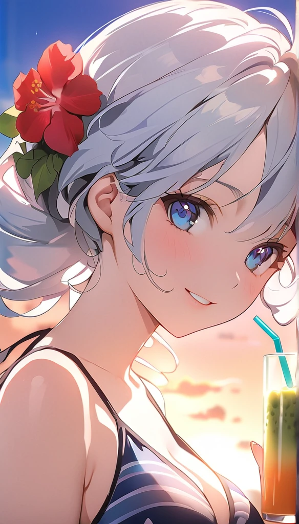 (masterpiece, highest_quality), very be familiar with cg unity 8k wallpaper, 1 girl, long white hair, big breasts, (shy smile), blue eyes, anime style 4k, beautiful anime portrait, anime moe art style, anime art wallpaper 4k, High quality anime art style, anime style portrait, be familiar with digital anime art, anime art wallpaper 8k, cute anime girl portrait,beautiful swimsuit,Summer,Smoothies and Juices,sunset,Ambiguous atmosphere