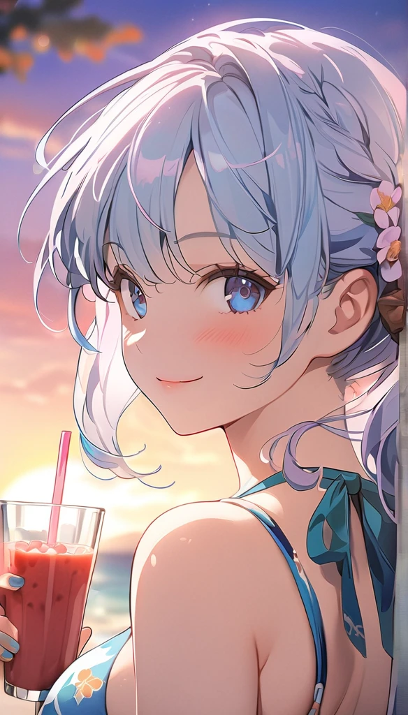 (masterpiece, highest_quality), very be familiar with cg unity 8k wallpaper, 1 girl, long white hair, big breasts, (shy smile), blue eyes, anime style 4k, beautiful anime portrait, anime moe art style, anime art wallpaper 4k, High quality anime art style, anime style portrait, be familiar with digital anime art, anime art wallpaper 8k, cute anime girl portrait,beautiful swimsuit,Summer,Smoothies and Juices,sunset,Ambiguous atmosphere