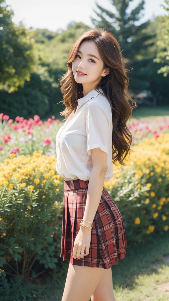NSFW, 8k RAW photos, best quality, masterpiece, ultra high resolution, film grain, movie, 1 woman, looking at viewer, natural skin texture, Realistic eye and facial details, full Lips, Lipstick, (assembly), Red eyeshadow, long straight hairstyle, messy hair, laugh, 입을 다water다, beautiful leg, tall woman, thin, slim_leg, alone, huge breasts, You can see my cleavage, I can see your underwear, posture with chest out., pretty short skirt, I can see your panties, leg를 벌려요,shirt, beautiful natural location, Around the flower field, (detailed background), plaid skirt, white shirt, huge breasts, split, Show a little split through the shirt, loafers, treasury background, treasury, possession, plaid, short sleeve, brown hair, bracelet, water, forehead, , jewelry store, parted Lips, Lips, pleated skirt, depth of field