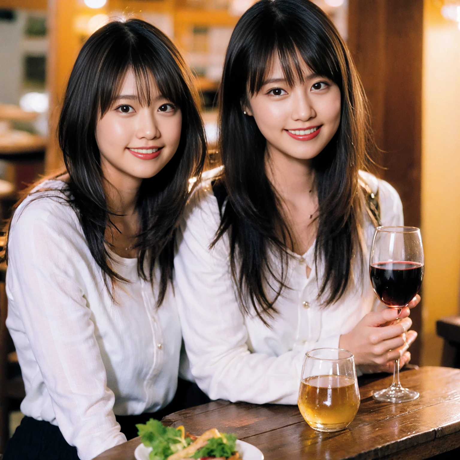 ((Highest quality、8K、masterpiece:1.3))、cute、slimカップル、modelカップル、actress男優、(Realistic, Intricate details:1.2), full-course dinner、Wine Party、Amazing view of the sunset sky and clouds、A bright smile、short hair,Bright Face、 (Age 37), age 34, red wine 、Appetizers、Italian food、Wine bottle、Champagne、sparkling wine、Two beauties、Brown Hair、Shortcuts、Long sleeve shirt、dress、Beautiful woman 1, (slimな顔), (The body is slim), (Brown Hair), (Shortcuts), cheeks turn a little red,Attractive beauty、restaurant, In a prominent place (From the waist up) Nova Frog Style, actress, model, Upper Body, White wine, slim, wine glass, 中央に置かれたwine glass, smile, (smile: 1.15), Beautiful fine grain, Depth f/2,saturation, High Contrast, Strong light and shadow,Moist Body:1.5、3D texture、Delicate eyes、Brown Hair、The hair is very shiny、
