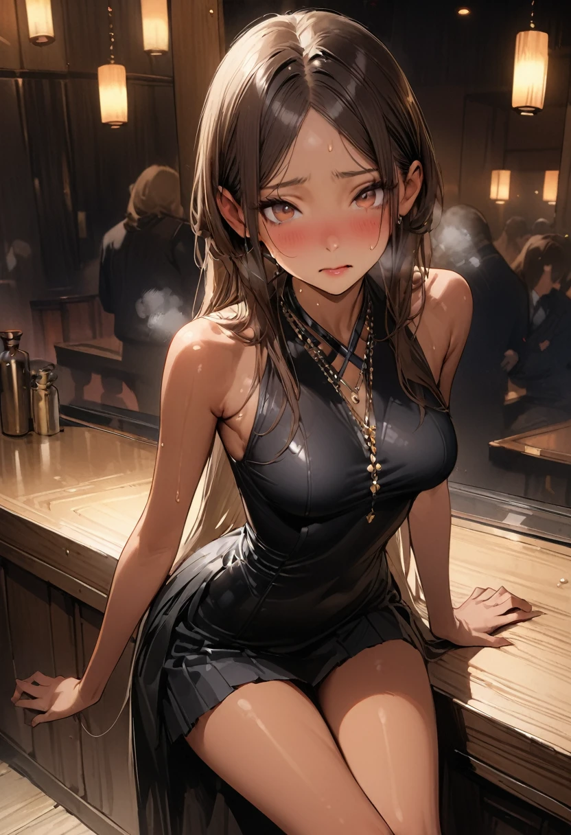 ((masterpiece,Highest quality:1.3,best quality illustration,realistic:1.3)),cowboy shot,独奏,1woman,(Age 25、Japanese Beauty)、brown hair,long hair,center parted bangs,brown eyes,gorgeous eyes,((very small head:1.3)),shy,Heavy breathing,((very long body:1.2,skinny)),medium breasts,(tan skin:1.5), (gleaming skin,toned body,slender body),sweat,(Black sleeveless dress、Black pleated mini skirt)、Luxurious party venue、