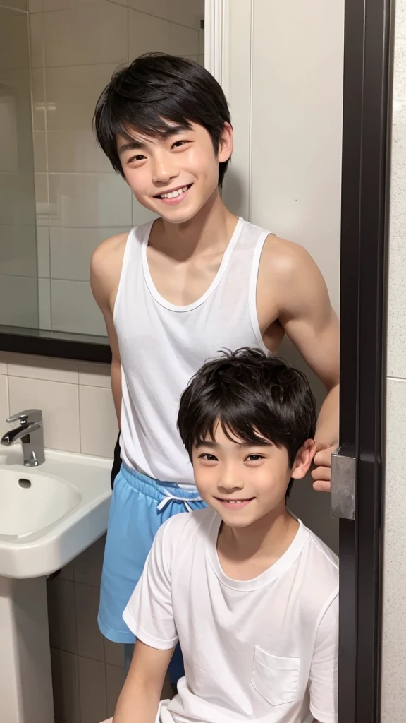 Two Japan Men、Both are 、Well-developed muscles and smooth skin、very short black hair、Relaxed and cheerful smile、light blue boxer briefs、Pumping one&#39;s fist at the entrance、The whole body is visible、Laughing with mouth open、