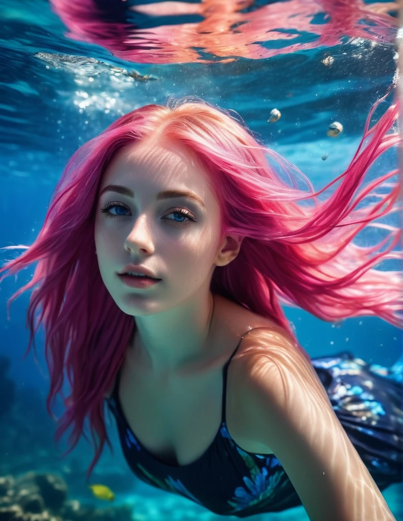 [nudity, explicit] nsfw Watch the audience by standing behind a fish tank filled with fir close-ups，Long green hair，Dull hair，Pink hair accessories，sparkle eyes，Eye-catching，The corners of the mouth are upturned，HD quality wallpaper，refracted light，The water is crystal clear，The head is particularly depicted in the picture，3Drenderingof
