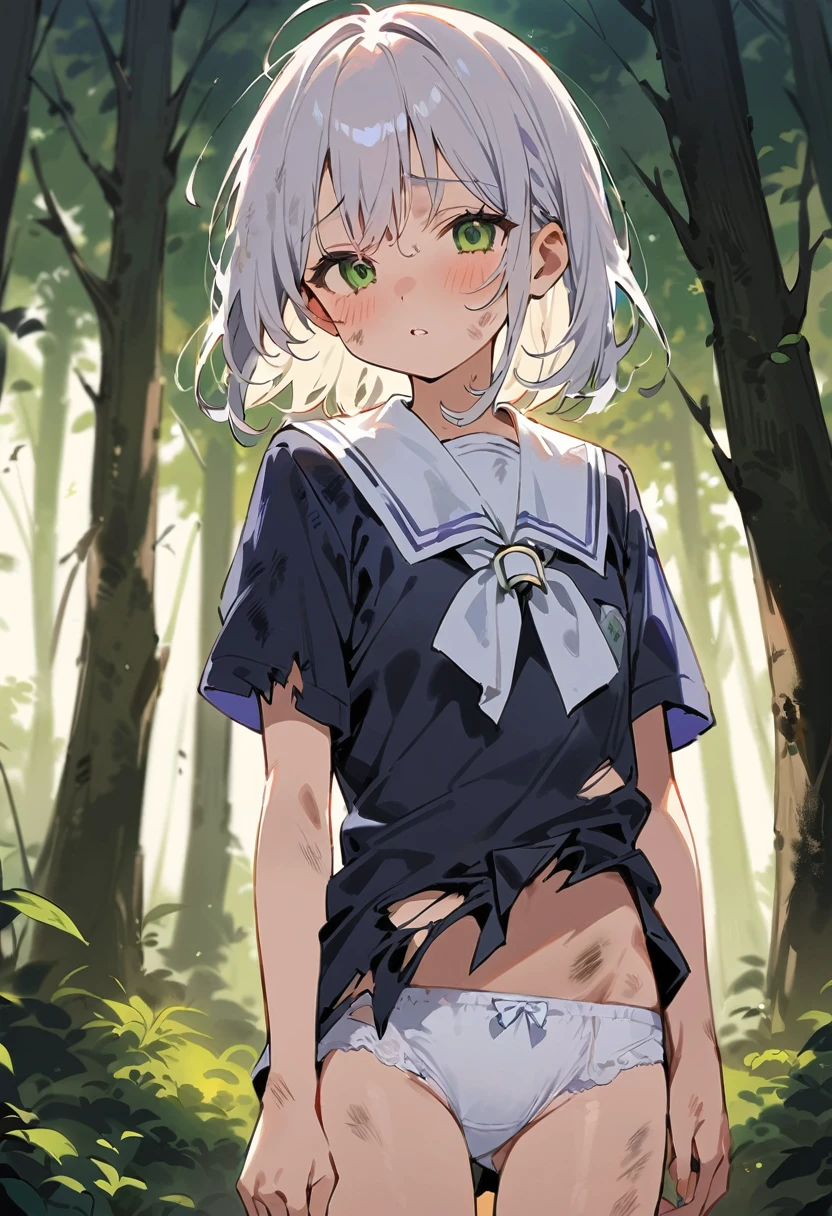 beautiful detailed girl,(masterpiece,best quality,extremely detailed:1.2),((cowboy shot:1.1)),(solo,10 years old,kawaii,slender,small breasts:1.25),(pained look:0.8),((white underwear) in ((Torn school uniform)):2),(dirty:2),blush,shy,weep,standing,(deep forest:1.5),(hug:0.4),rating: general, newest,Sexy face