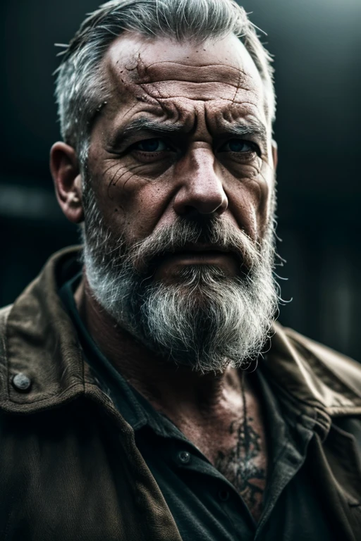 a battle-hardened ex-soldier with grey hair and a beard, rugged, weathered face, battle-scarred, wandering drifter, detailed highly realistic portrait, dramatic lighting, cinematic composition, moody atmosphere, (best quality,4k,8k,highres,masterpiece:1.2),ultra-detailed,(realistic,photorealistic,photo-realistic:1.37),cinematic,dramatic,gritty,moody,dark,brooding,intense,haunting