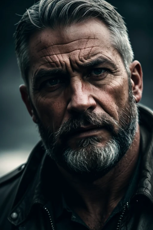 a battle-hardened ex-soldier with grey hair and a beard, rugged, weathered face, battle-scarred, wandering drifter, detailed highly realistic portrait, dramatic lighting, cinematic composition, moody atmosphere, (best quality,4k,8k,highres,masterpiece:1.2),ultra-detailed,(realistic,photorealistic,photo-realistic:1.37),cinematic,dramatic,gritty,moody,dark,brooding,intense,haunting