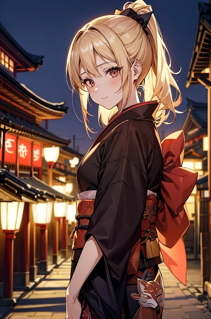 1girl, holding fox mask, japan festival, dark kimono, background light, upper up body, masterpiece, high quality, blonde hair, ponytail, side view, shrine light street background