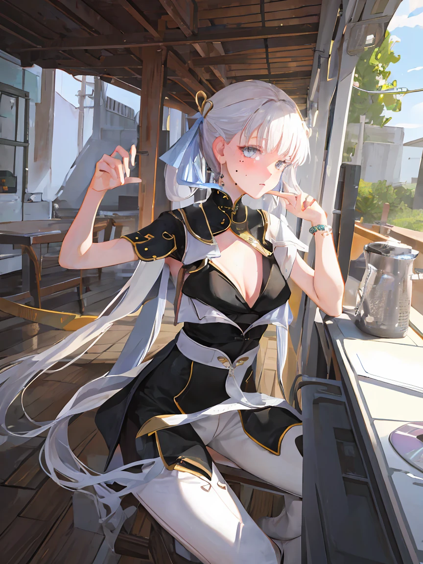 masterpiece,official art,extremely detailed cg unity 8k wallpaper,highly detailed,absurdres,8k resolution,1girl, solo, long hair, breasts, looking at viewer, blush, bangs, large breasts, simple background, hair ornament, thighhighs, white background, ribbon, cleavage, twintails, jewelry, medium breasts, sitting, very long hair, closed mouth, hair ribbon,
white hair, grey hair, earrings, mole, white thighhighs, grey eyes, mole under eye, mole on breast,