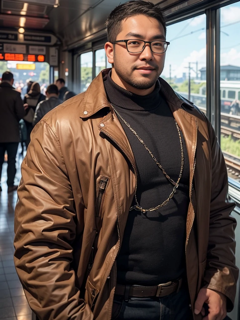 crew cut, (((full body))), (((landscape))), mature man, [slightly fat], asian man, rounded face, brown eyes, ((rounded face)), glasses, balding, 1boy, Solo, (big shoulders), (((stubbles, Short beard))), steam punk, steam train, in the train station, crowded people,
