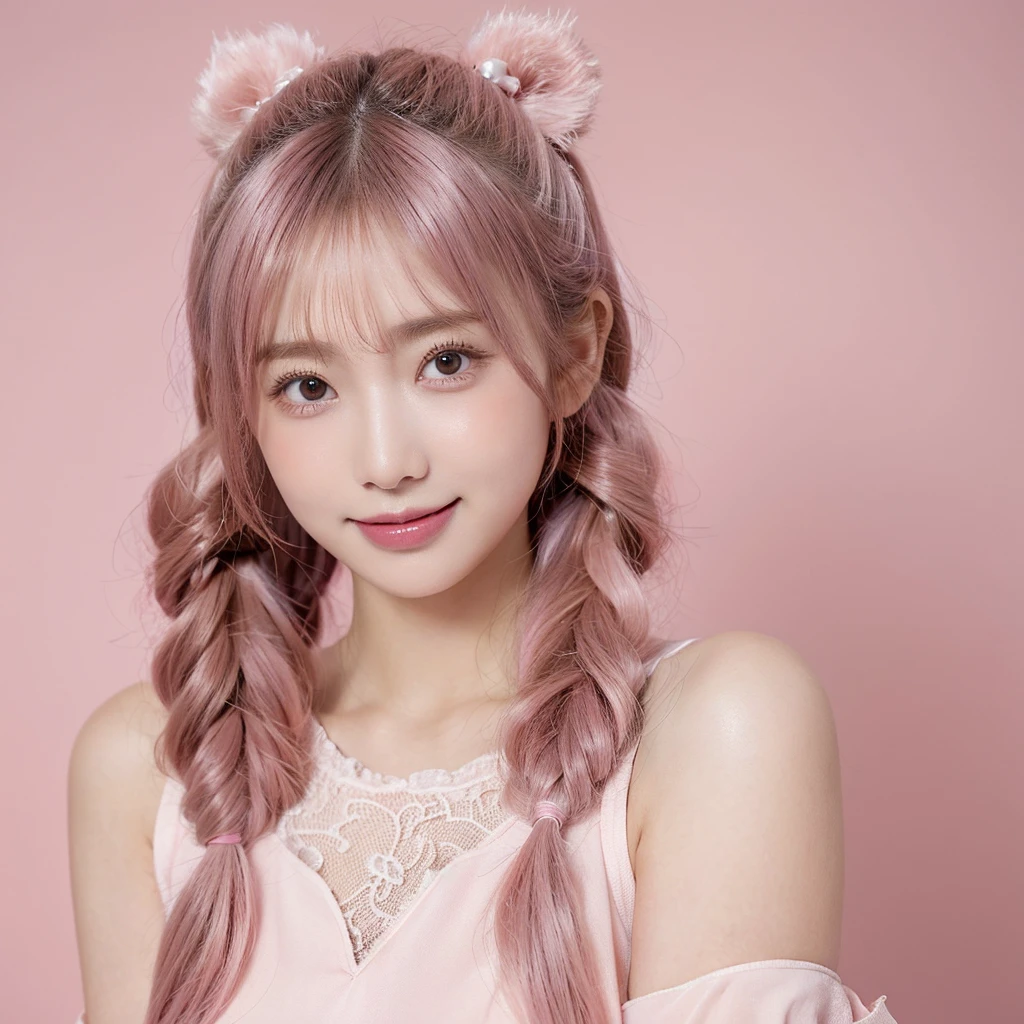Shot with a top-of-the-line camera. highest quality, illustration, ultra-detailed, intricately detailed, high resolution, 8k, very large breasts, A youthful look of about 15 years old. Slim and well-proportioned, pink hair in twin tails, fair skin. She is wearing a Japanese idol costume, She is in a magazine photoshoot studio. A light pink background. artist photo, Straight, beautiful teeth and white teeth.