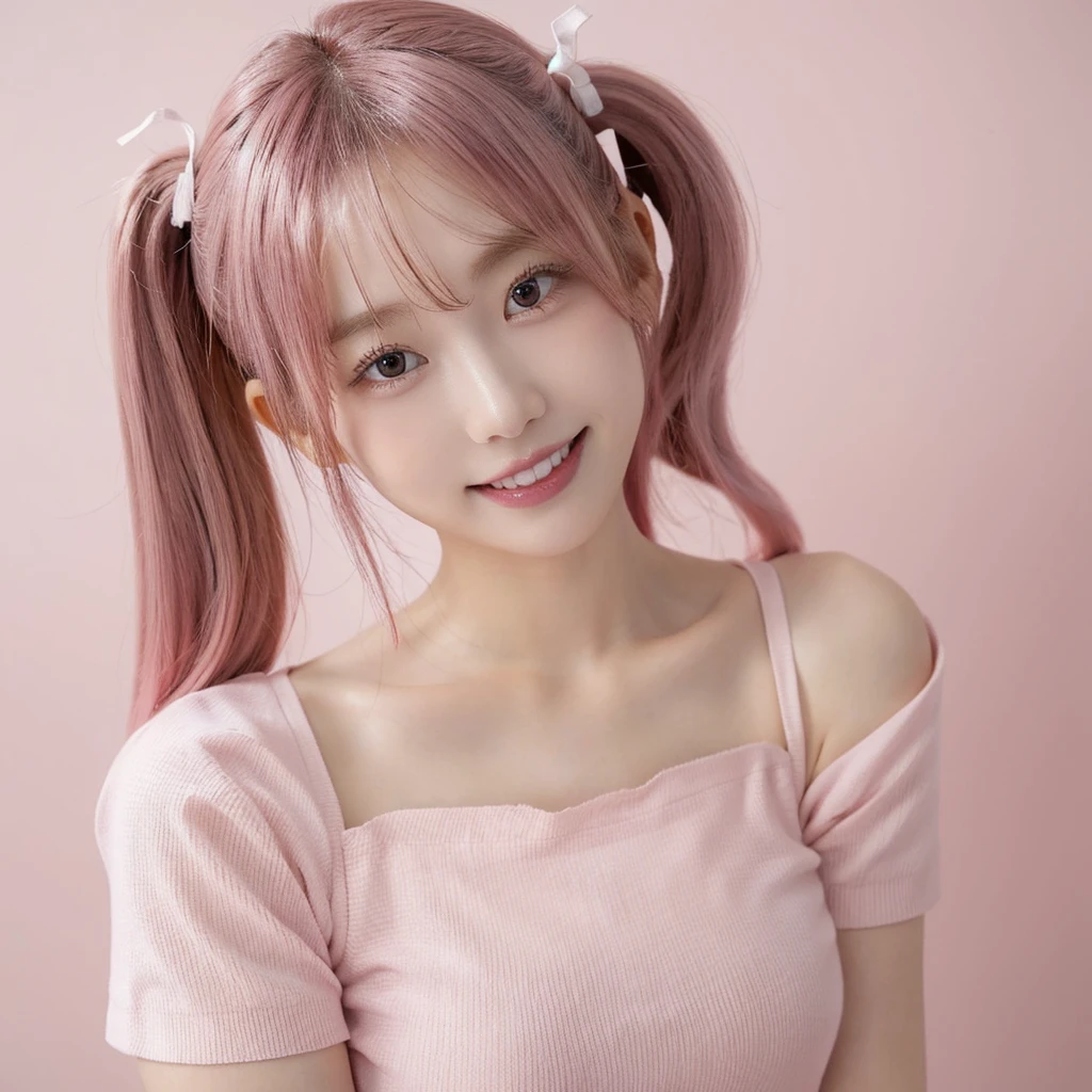 Shot with a top-of-the-line camera. highest quality, illustration, ultra-detailed, intricately detailed, high resolution, 8k, very large breasts, A youthful look of about . Slim and well-proportioned, pink hair in twin tails, fair skin. She is wearing a Japanese idol costume, She is in a magazine photoshoot studio. A light pink background. artist photo, Straight, beautiful teeth and white teeth.