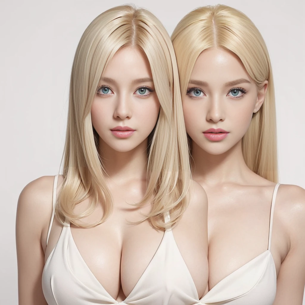 2Women　(((Her hair color is the perfect blonde.:1.8!!)))　(((Her hair color is the perfect blonde.:1.8!!)))　(((Her hair color is the perfect blonde.:1.8!!)))　(((Her hair color is the perfect blonde.:1.8!!)))　(((Her hair color is the perfect blonde.:1.8!!)))　(((Her hair color is the perfect blonde.:1.8!!)))　(((Her hair color is the perfect blonde.:1.8!!)))　1 female　(Photographed from the chest up)　(She turns to the viewer、She has a very sexy face!!!!!)　(((Her hair color is the perfect blonde.:1.8!!)))　((Her hair is very straight!!!))　(Her bangs are neatly trimmed そして straight down.:1.4)　((Large Breasts:1.6))　((Highest quality))　((masterpiece))　(family friendly)　(Get used to it)　(White wall background!!!!!)　(She is France&#39;s most sensual 24-year-old face cosmetics model..)　(((Her hair is cut in a very straight bob that reaches almost to her shoulders....!!!.)))　(Highest quality&Highly detailed black hair　her hair is beautiful, There is a volume and、、、、、Very shiny.、Very beautiful silky hair　Beautiful silky hair　Shiny Hair　Her hair is very straight)　(Get a sensual make-up treatment from a professional make-up artist....　Exquisite texture:1.4　Bright red lipstick!!!　Beautiful black eyeliner)　Perfect Woman&#39;face　(Her face is dignified そして sexy)　((Her eyebrows are very thin:1.8))　Perfect Woman&#39;face　(Her face shape is thinner than average:1.8)　(Her eyes are larger than average:1.8　Her nose is higher than average:1.8)　(Her body is more attractive than the average French woman..:1.5　Her skin is a typical Caucasian complexion..　Her skin is very high quality and ultra high definition.、very beautiful そして glowing skin)　(Her face is dignified and sexy)　((Rich 1.4))　(Extremely detailed 8K)　(Ultra-fine skin texture 1.4)　(current, Vibrant:1.4), 　Sharp focus:1.2、Beautiful woman:1.4　Dynamic Lighting　(Genuine RAW photos taken by professional photographers)　(Surreal photos by professional photographers :1.2)　(((Her hair color is the perfect blonde.:1.8!!)))　(((Her hair color is the perfect blonde.:1.8!!)))　(((Her hair color is the perfec