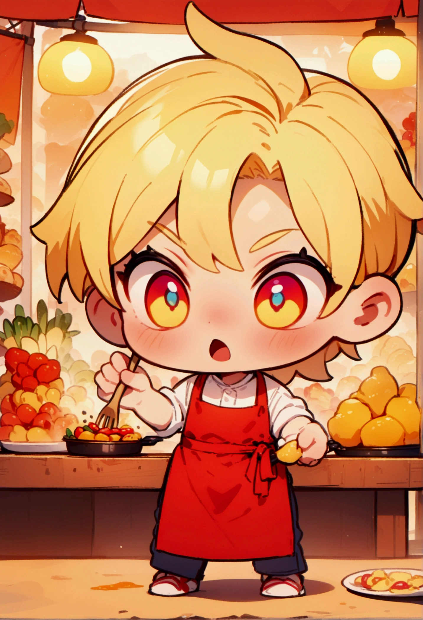 chibi style, best quality, masterpiece, 8K, HD, young man with blond hair, wearing white shirt and red apron, having fun while cooking delicious colorful food, at a roadside stall, front view, full body, vibrant colors, highly detailed