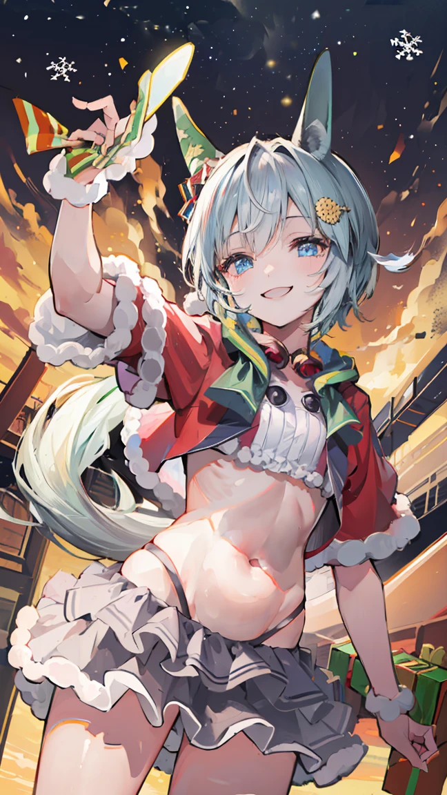 masterpiece, Highest quality, High resolution, Very detailed,(((Seiun Sky))), (((Santa clothes))), (((smile))), My belly is visible。, My chest is visible。