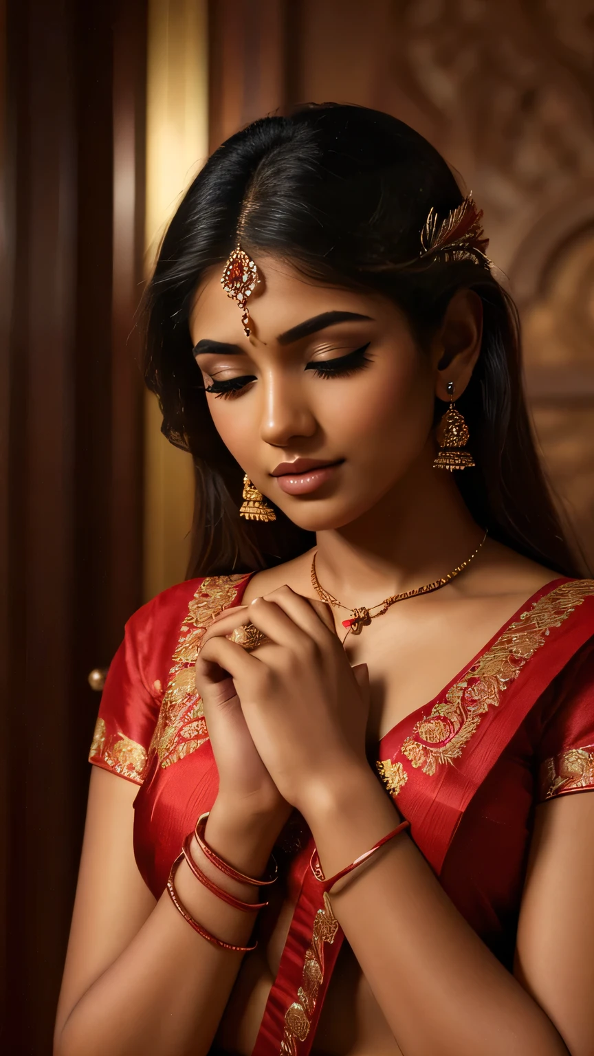 (high quality, masterpiece, HDR, 256K), (hyper-realistic, photorealism) 20 year old extremely beautiful Tamil girl, (intricate detailed extremely beautiful face, eyes, ears, nose, lips, textured skin), eyes symmetry, (lips closed tightly). Full Body holding wrist. Red Silk Saree and red blouse. Lifts both her hands. Straight View.