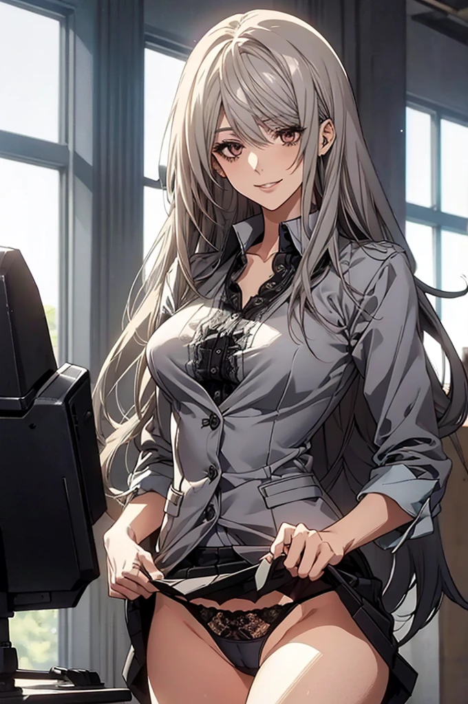 (Highest quality, High resolution, Very detailed), 1 female, Silver Hair, Long Hair, Reddish brown eyes, suits skirt, blazer, lace thong, Large Breasts, secretary, 24th generation, Beautiful woman, mature, thin, quiet, Calm, Large Breasts, A small smile, office,