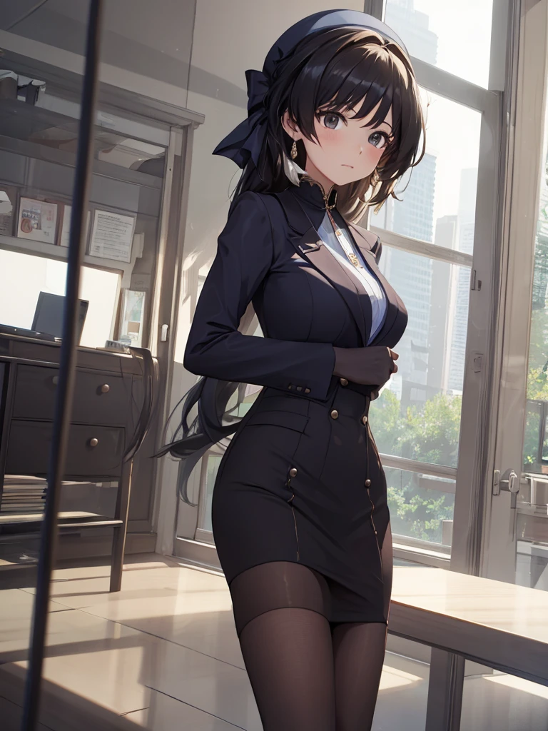Yangyang from wuthering waves, 1woman, wearing a office suit, black colour suit, tight skirt, at an office, black colour hair style, 8k, high detailed, high quality