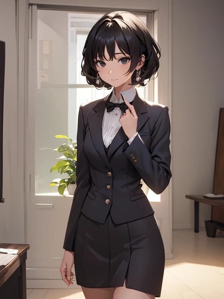 Yangyang from wuthering waves, 1woman, wearing a office suit, black colour suit, tight skirt, at an office, black colour hair style, 8k, high detailed, high quality