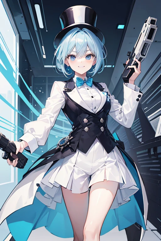 Crossdresser Light blue hair Holding a gun in each hand Grin White Top Hat Black suit short hair