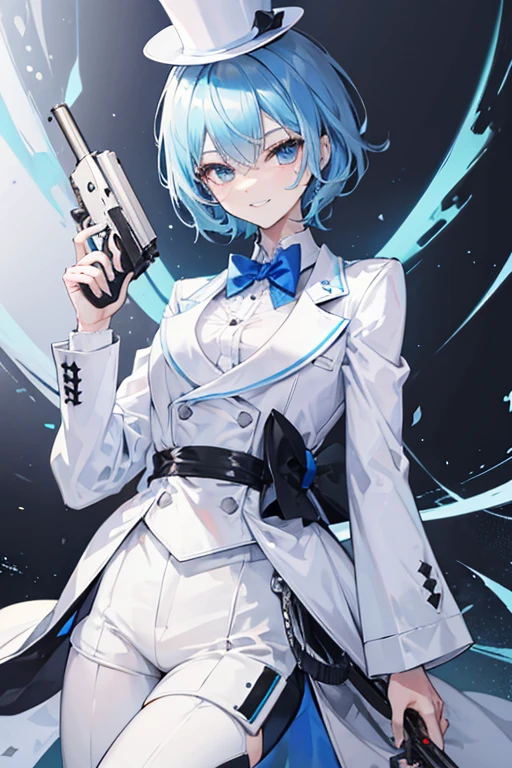 Crossdresser Light blue hair Holding a gun in each hand Grin White Top Hat Black suit short hair