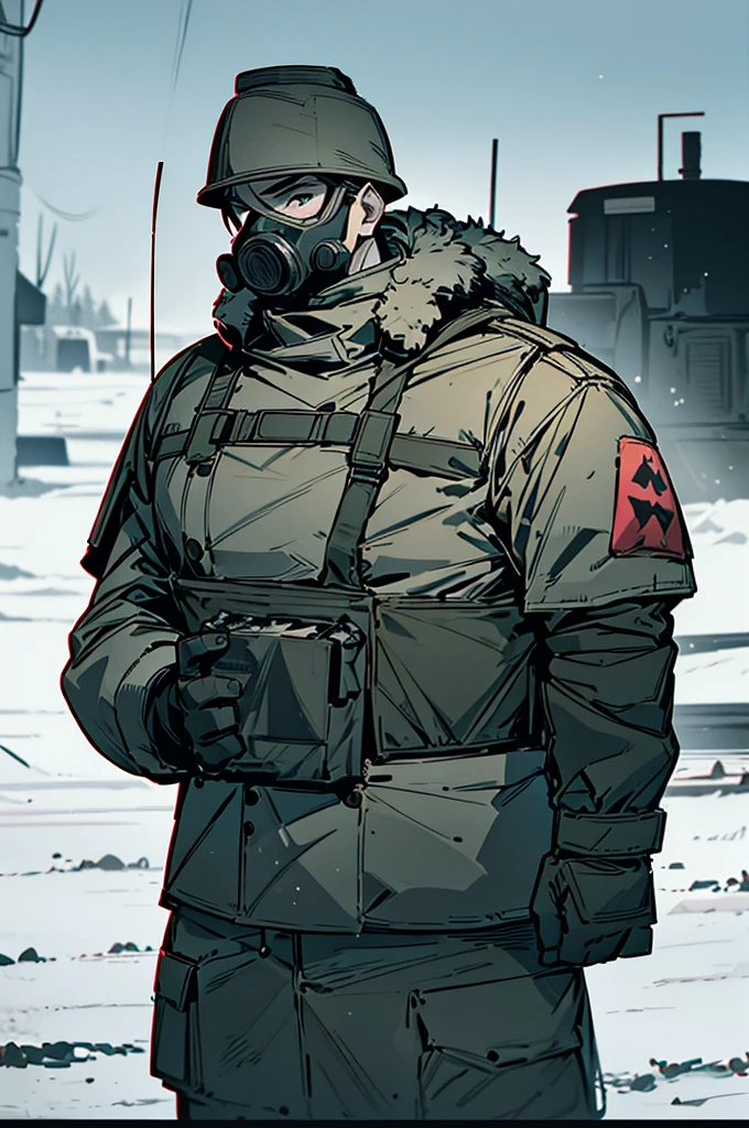 Russian soldier with rifle in snowy area, military photography, invierno nuclear, soldier with a gas mask, equipo camuflado, soldado femenino en el bosque, Cazadora solo en el desierto,male,Massive thights,Person wearing gas mask, modern equipo militar, ropa del futuro soldado, equipo militar, ropa de soldado completa, resting after a hard mission, in a post apocalyptic setting,Muscular,Abs,(gigantic :1.4)