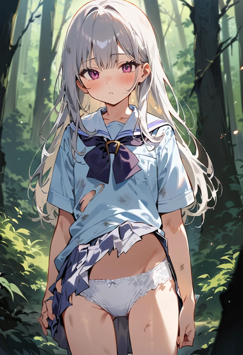 beautiful detailed girl,(masterpiece,best quality,extremely detailed:1.2),((cowboy shot:1.1)),(solo,,kawaii,slender,small breasts:1.25),(pained look:0.8),((white underwear) in ((Torn school uniform)):2),(dirty:2),blush,shy,weep,standing,(deep forest:1.5),(hug:0.4),rating: general, newest,Sexy face