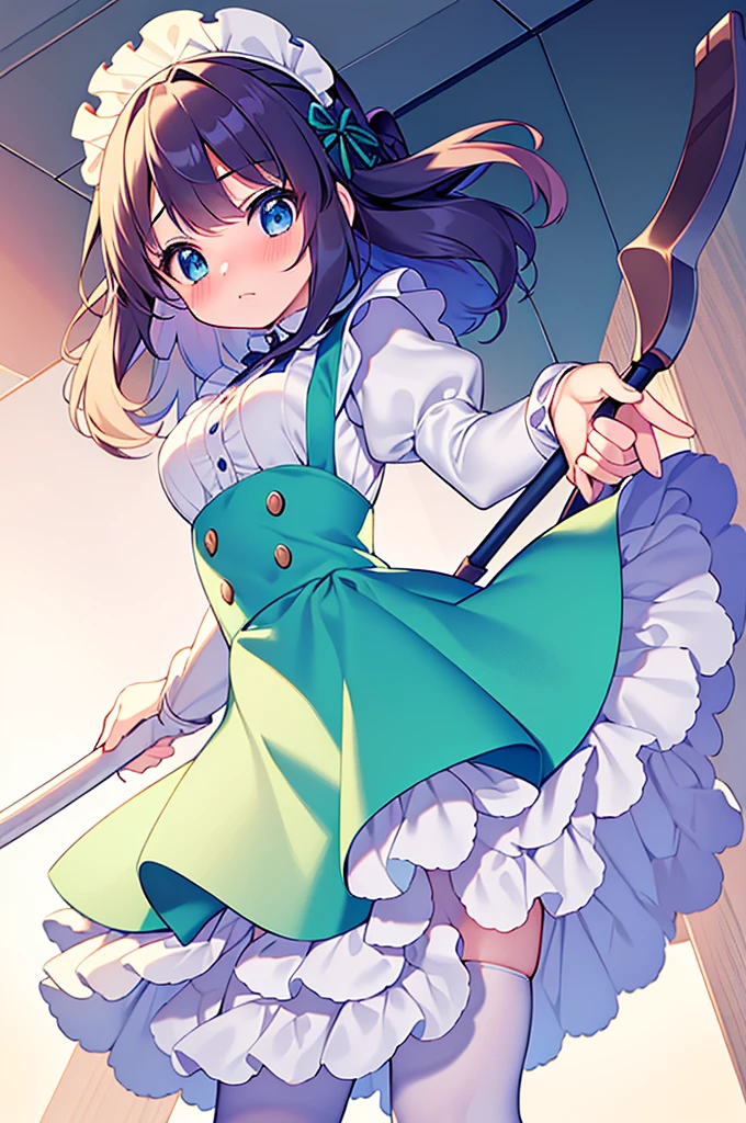 masterpiece, best quality,1girl, solo,whtie hair,medium hair,blue eyes,long sleeves,juliet sleeves,apron,maid,maid headdress,puffy sleeves,green dress,vest,buttons, white thighhighs,standing, looking at viewer, nose blush, (holding mop:1.3), (from below:1.3),